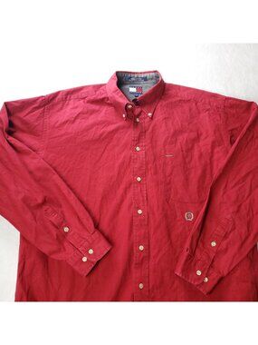 VINTAGE 90s Tommy Hilfiger Khaki Shirt Mens L Large Red Long Sleeve Button y2K
